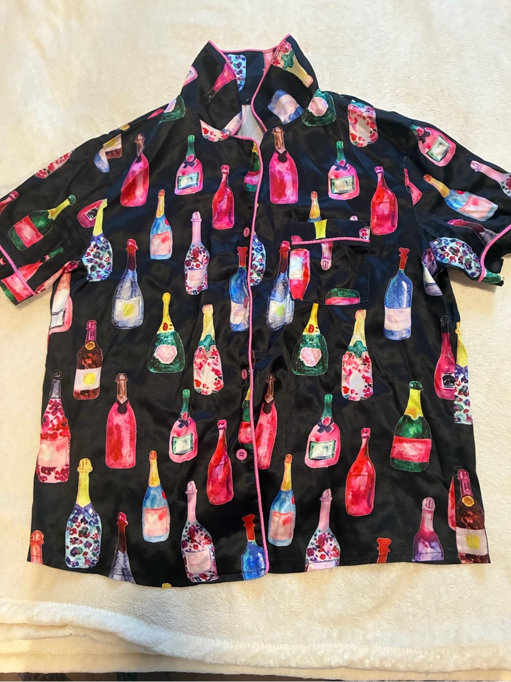 Black Champagne Bottle-Print Short Sleeve Women’s Shirt